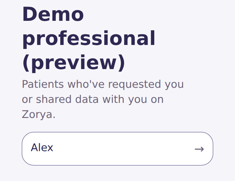 The Zorya professional dashboard listing patients who shared data