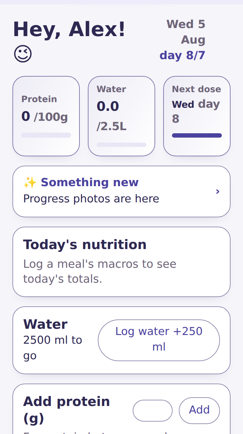 The Zorya app showing a patient's daily dashboard with protein, water and next dose